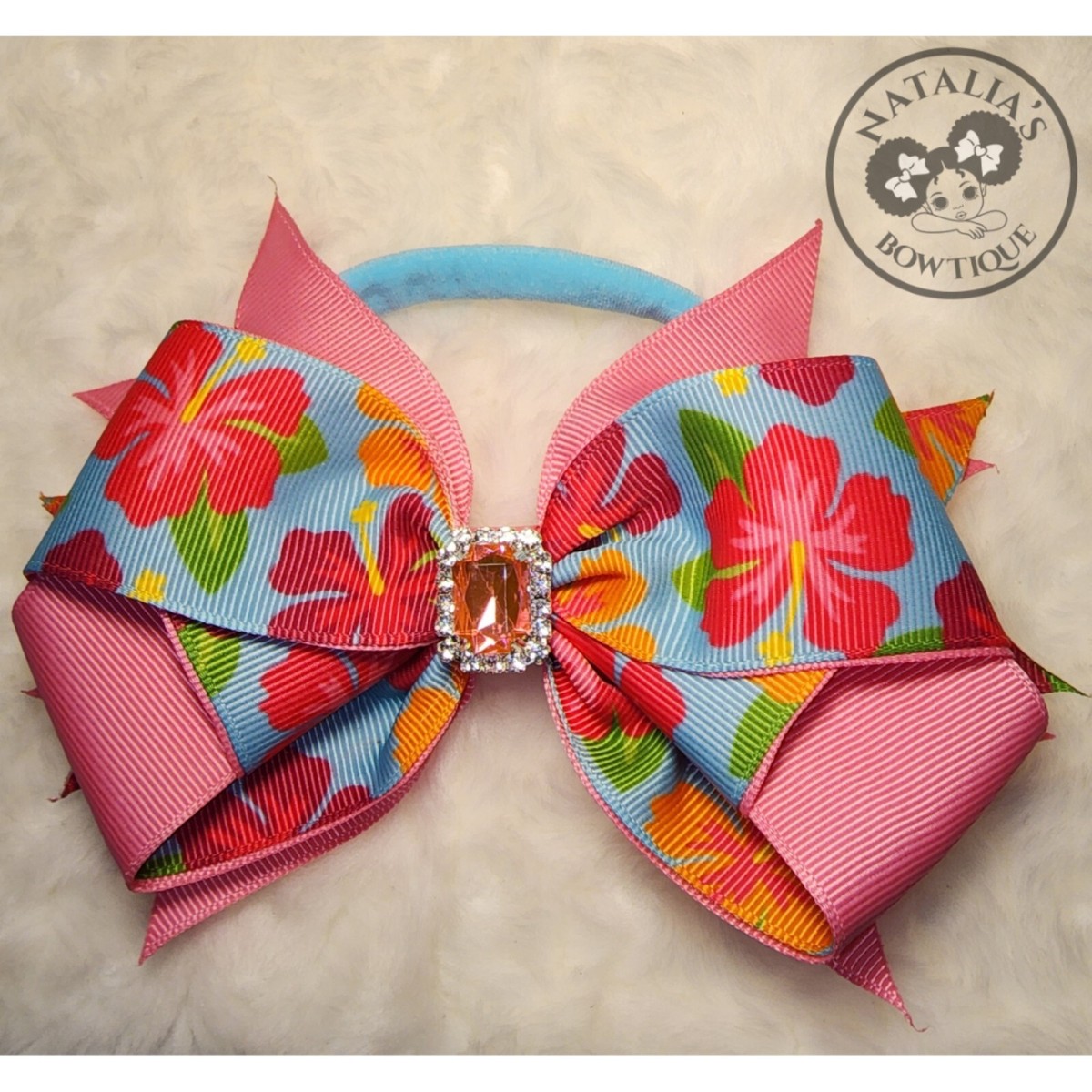 Pink Tropical Flower print with gem 6 in. boutique bow  display picture 2