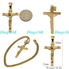 18K Yellow Gold Filled TarnishResist Jesus Cross Pendant Box Chain Necklace P123