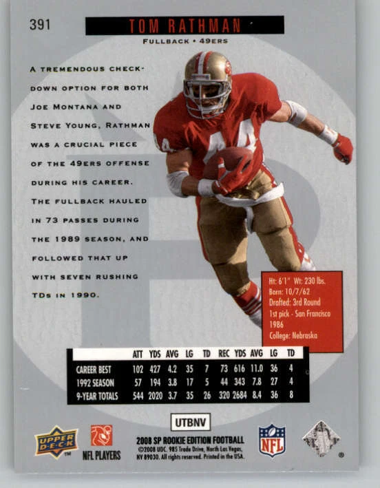 2008 SP Rookie Edition #391 Tom Rathman 96 (ref 146646) - Image 2 of 2