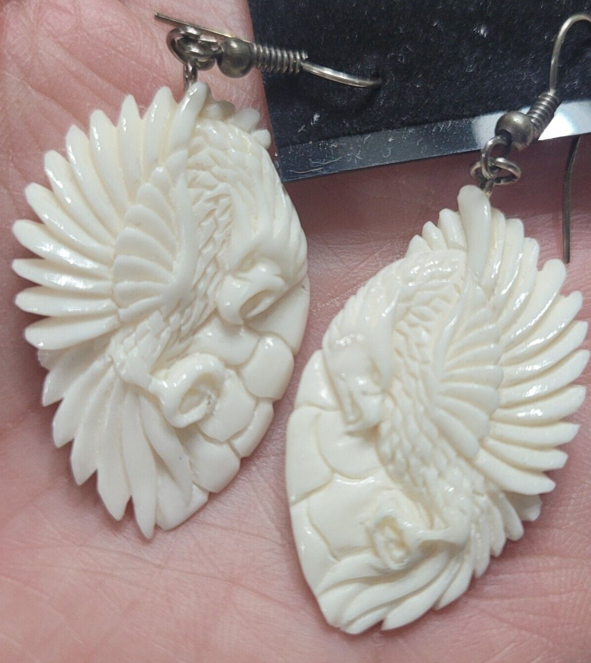 Handmade Eagle Bird Bone Dangle Drop Earrings Cre… - image 1