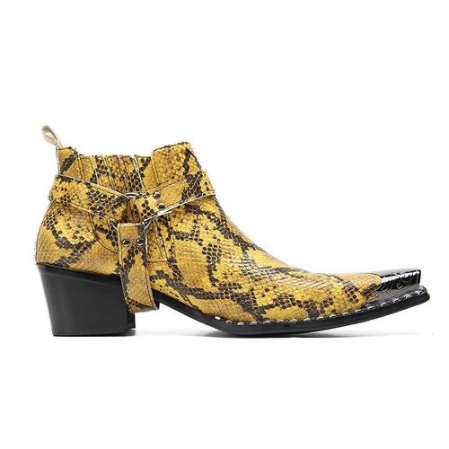 Men High Heel Rivets Snakeskin Pattern Serpentine Leather Metal Toe Ankle Boots - Picture 5 of 22