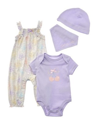 Quiltex 4Pc Cherry Sweet Layette Romper, Hat & Bib Set  6/9M