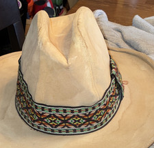 Tan Western Cowboy Wide Brim Hat with Multicolor Woven Pattern Band