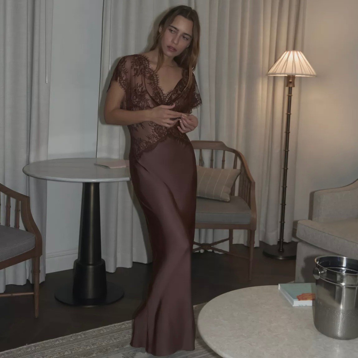 Zara Lace Satin Maxi Dress Brown V-Neck Short Sleeve 1067/647 NEW Small