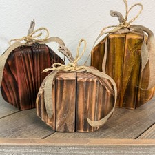 HANDCRAFTED WOOD PUMPKINS SET OF 3 RUSTIC FALL HALLOWEEN FARMHOUSE DECOR