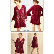 Umgee Floral Embroidered Bell Sleeve Tunic Mini Dress Women’s Large Boho Cottage