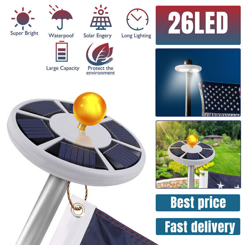 Solar Powered Flag Pole Light 26 LED Auto Active Super Bright Outdoor Waterproo