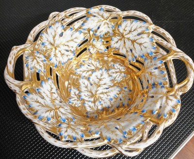 Antique Meissen Porcelain Reticulated Basket Bowl Gold Gilt Grape Leaf Germany 