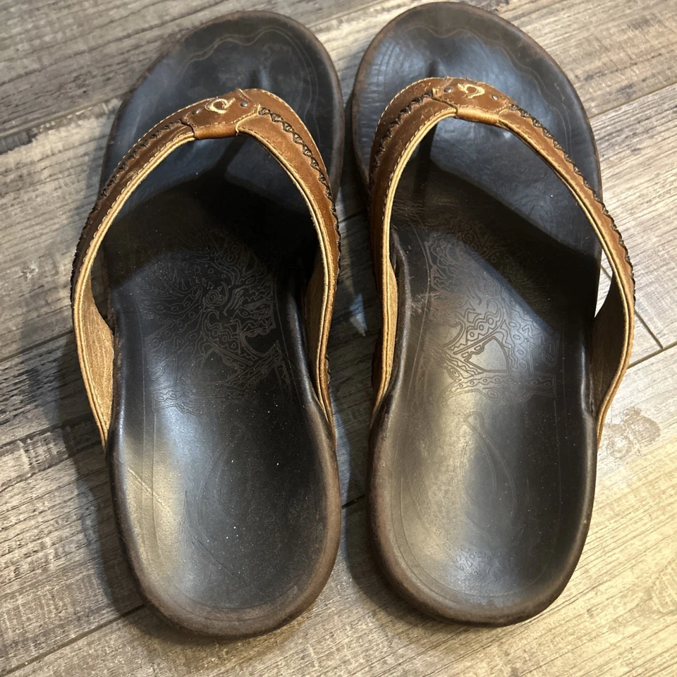 Olukai Mea Ola Flip Flops Mens 12 Brown Leather Sandals - Image 4 of 4