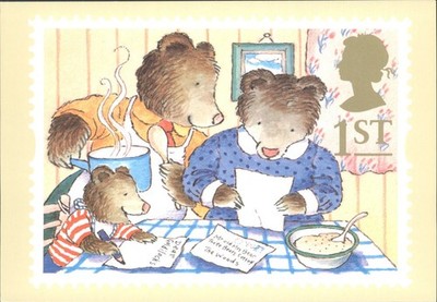 Royal Mail Briefmarkenkarte Die drei Bären lustiger Postbote Märchen Postkarte 1994