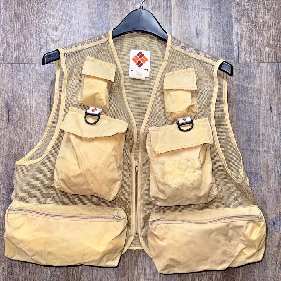 Vtg Medium Columbia Fly Fishing Vest Beige Mesh Nylon USA 1158 2158 w/ Bonus - Image 2 of 4