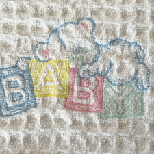 VINTAGE WAFFLE KNIT BABY BLANKET EMBROIDERED PASTEL WHITE COTTON MADE IN USA