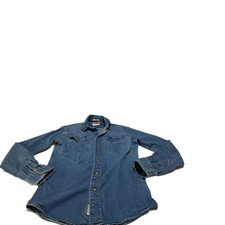 Vintage 90s Wrangler Indigo Pearl Snap Womens Denim Long Sleeve Shirt Size S/P