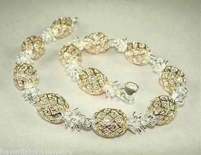 8 MM 2-TONE GELBVERGOLDET 925 SILBER HAWAII 3D ANANAS ARMBAND 7,5'' #3