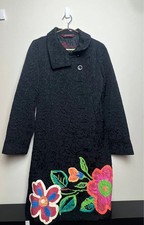 Desigual Women Black Brocade Floral Coat Mid Length Jacket