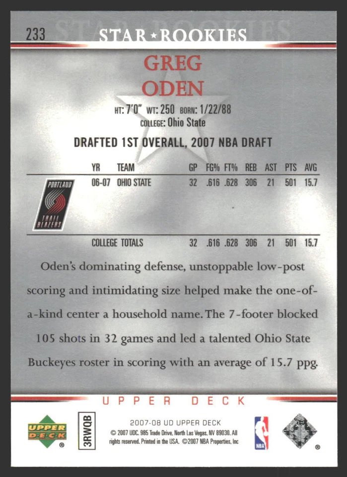Greg Oden #233 2007-08 Upper Deck Portland Trail BlazersRC Rookie - Image 2 of 2