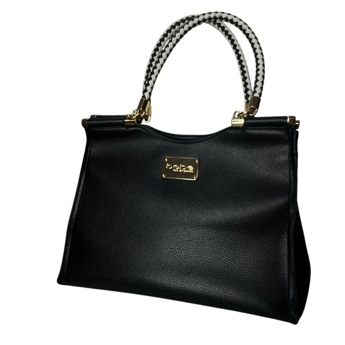 BEBE LOS ANGELES Black Leather Handbag Gold Tone Zip Tote Bag Casual Formal - Picture 2 of 13