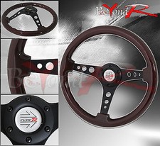 350mm Dark Wood Grain 3 Spokes Steering Wheel Jdm Vip Button Horn Logo