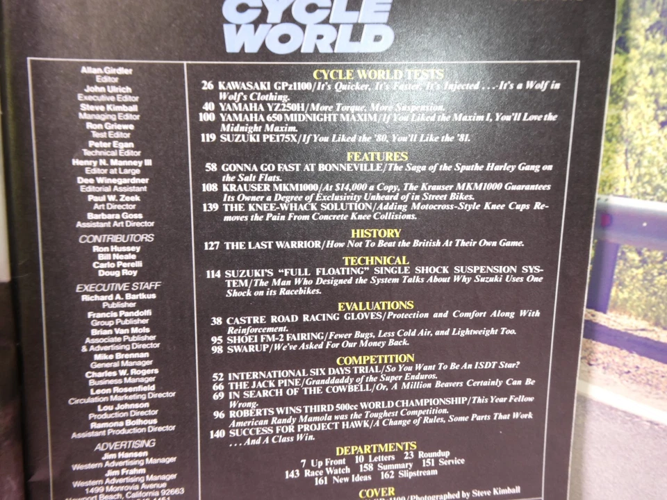 Cycle World Magazine Feb 1981 Kawasaki GPZ1100 Fuel Injected Yamaha YZ250H E6 Foto 4 de 4