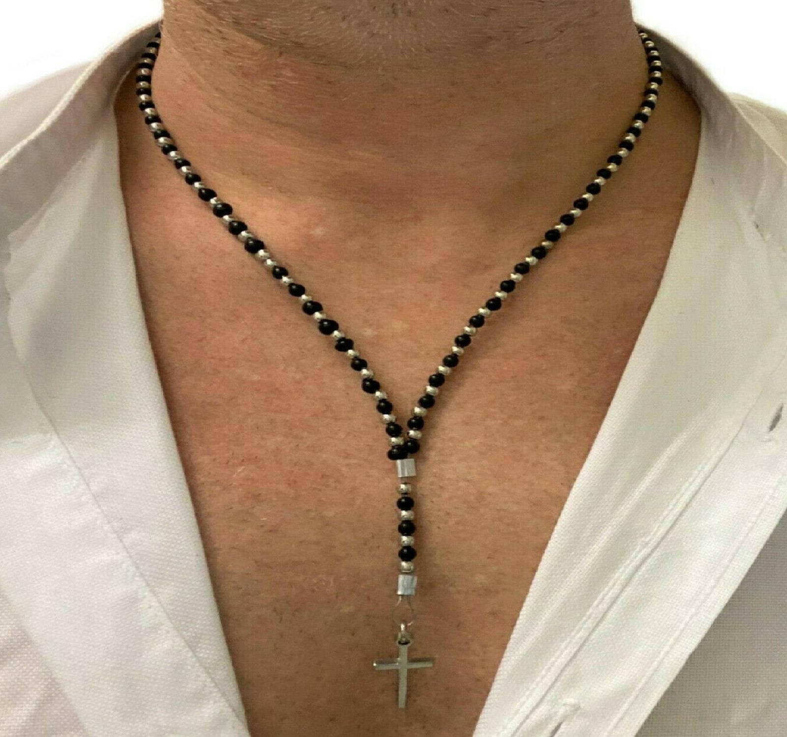 Collana rosario nero da uomo donna con croce ciondolo crocifisso lunga 50 cm 