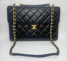 Chanel Large Satchel Black Quilted Leather Shoulder Bag W/ Complete Box