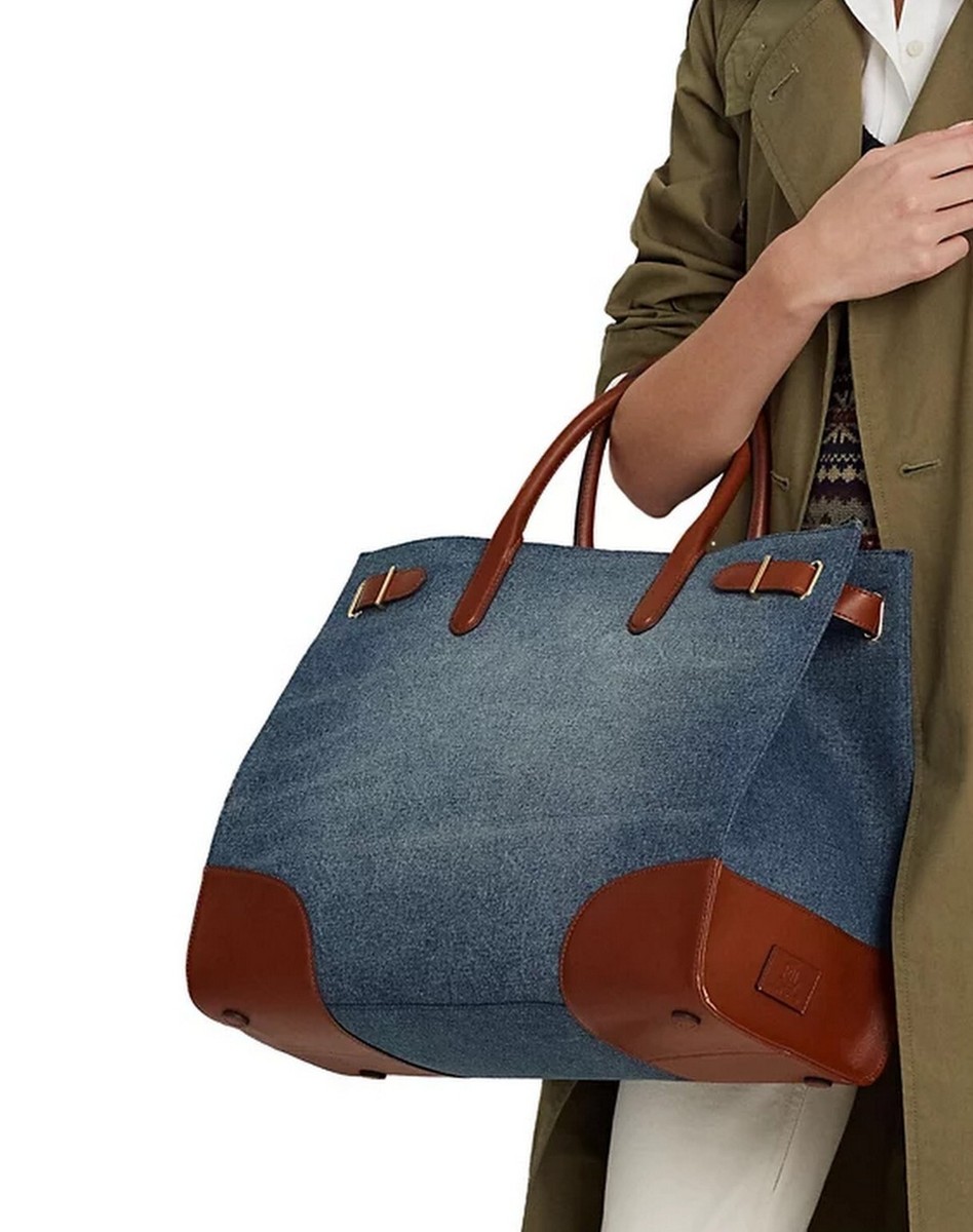 RALPH LAUREN Denim/ Leather Large Devyn Tote Bag Washed Denim
