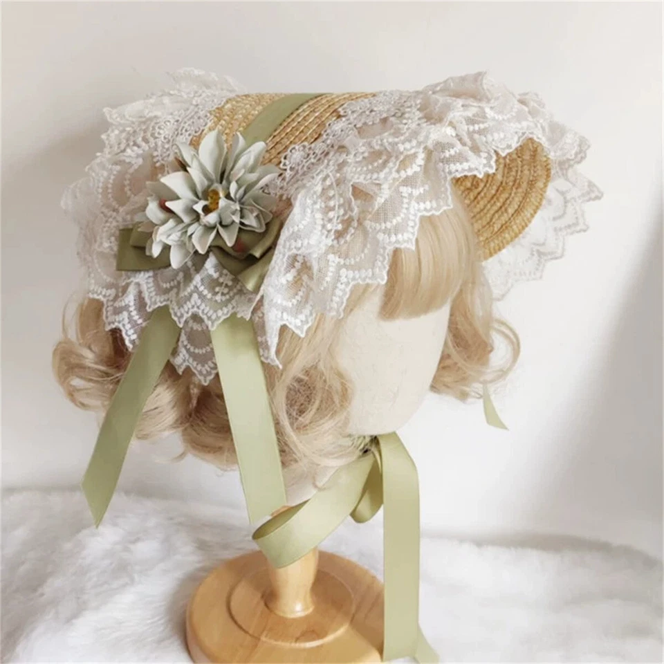 Gorro de paja victoriano para mujer con ala de encaje floral clásico sombrero de lolita Foto 3 de 4