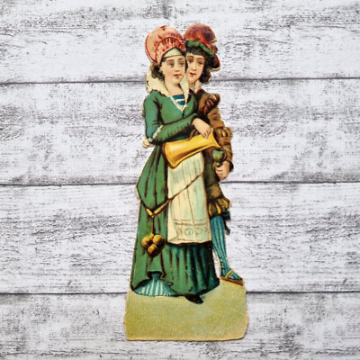 um 1900 Frau Krug Mann Tracht Victorian Glanzbild Prägedruck Chocolat Besnier