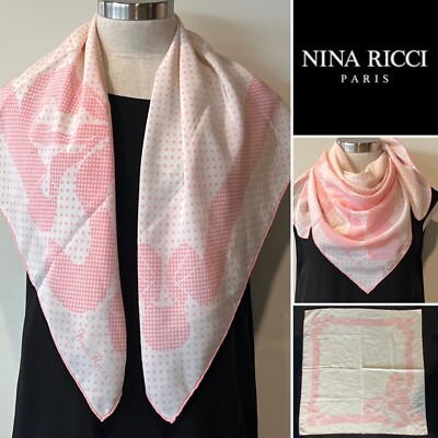 Nina Ricci Pink/White Silk Crepe Spotted Ribbon Scarf 86cmx86cm Reverse Handroll