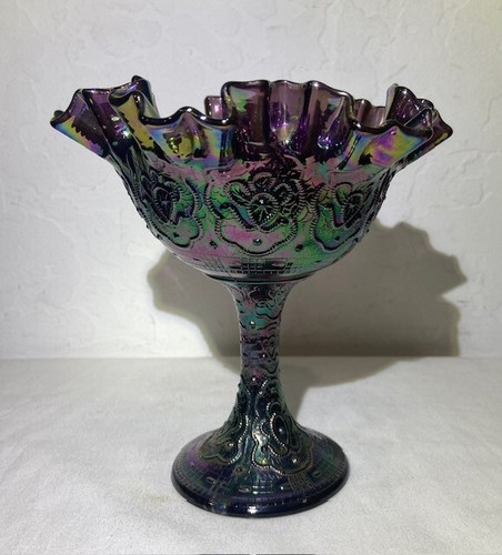 Vintage Fenton Carnival Glass Large Blue Persian Medallion Compote WOW COLOR!!! - Picture 2 of 9
