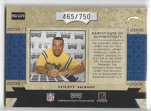 Vincent Jackson 2005 Upper Deck Rookie Gems Event Jersey Card RG-229 465/750 - Picture 2 of 2