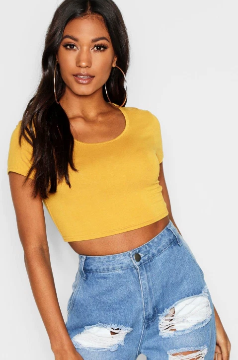 BOOHOO BASIC SHORT SLEEVE CROP TOP MUSTARD YELLOW Size L M