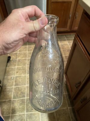 Rare A.E. Dodge Embossed Quart Milk Bottle Springfield Massachusetts MA