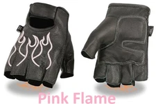 Black Leather FINGERLESS Gloves PINK FLAMES Gel Palm Motorcycle Biker Rider