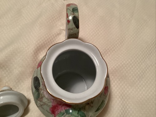 Vintage Royal Danube Floral Sage Green & Pink Roses Gold Trim Teapot - Picture 6 of 9
