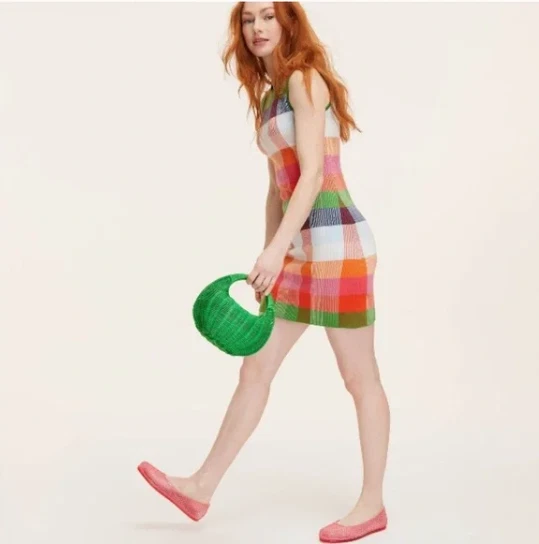 Kate Spade N.Y. Vestito Mini Maglione Plaid Rosso Rosa Verde Blu Tg Med Nuovo