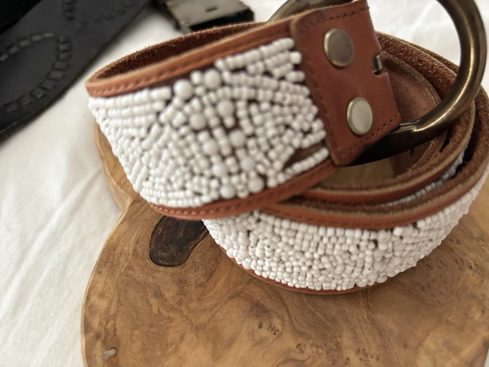 Lucky Brand Women’s White Beaded Tan Leather Belt.  Size S - Image 2 of 4