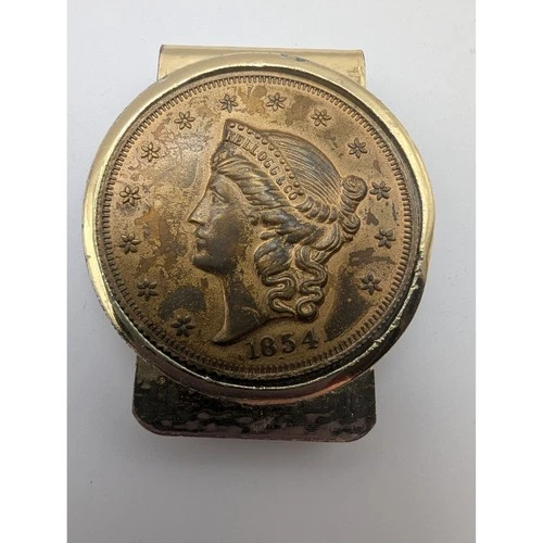 Vintage Kellogg & Co 1854 Liberty Head Faux Coin Money Clip Gold Tone  READ
