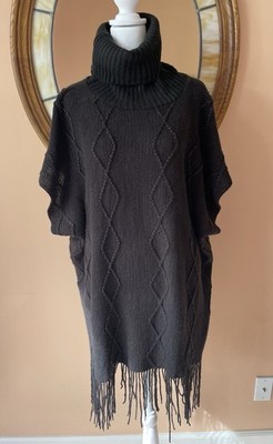 Black Soft Stretch Acrylic Turtleneck Fringed Opening For Arms Sweater Top M/L