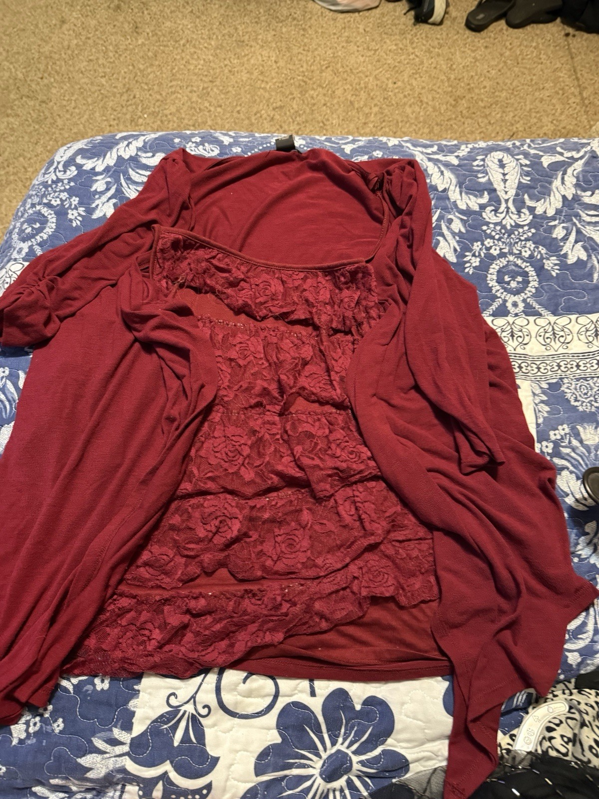 a.n.a Plus Size 3X Solid Red Lace Front Long Sleeve Top Women