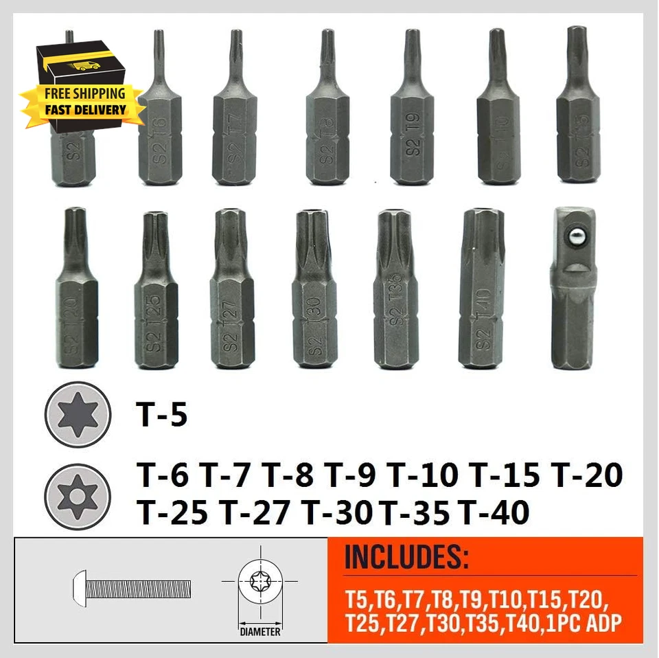 14-Piece Tamper Resistant Star Bits, S2 Alloy Steel, T5 - T40 Security Torx Bit  - Image 2 of 4
