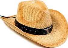 BEIGE/BROWN - LIVINGSTON MEN WOMEN'S WOVEN STRAW COWBOY HAT W/HAT BAND