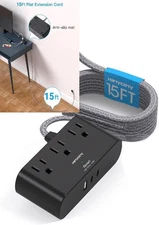 Black Flat Plug Power Strip, HANYCONY 15Ft Ultra Thin 15 Ft, 