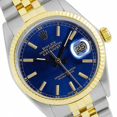 Rolex Datejust 16233 Two-Tone Blue Index Dial 18K Fluted Jubilee Band 36mm Watch