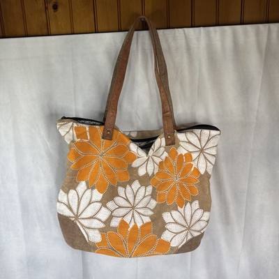 Mona B Floral Canvas & Leather Floral Boho Hobo Bag Tote 19''x14''
