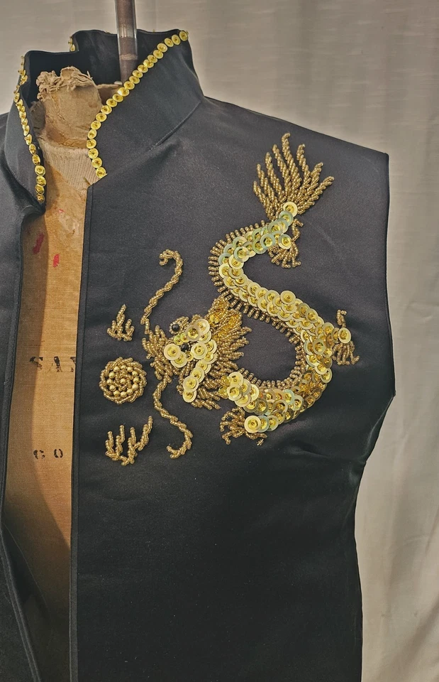 Винтажный черный 100% шелк дракон золото бисером мандарин воротник жилет - Изображение 2 из 4