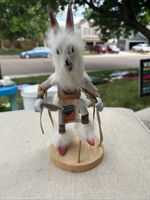 Navajo Wolf Kachina Doll  Wooden Base Signed Possibly M E Largo