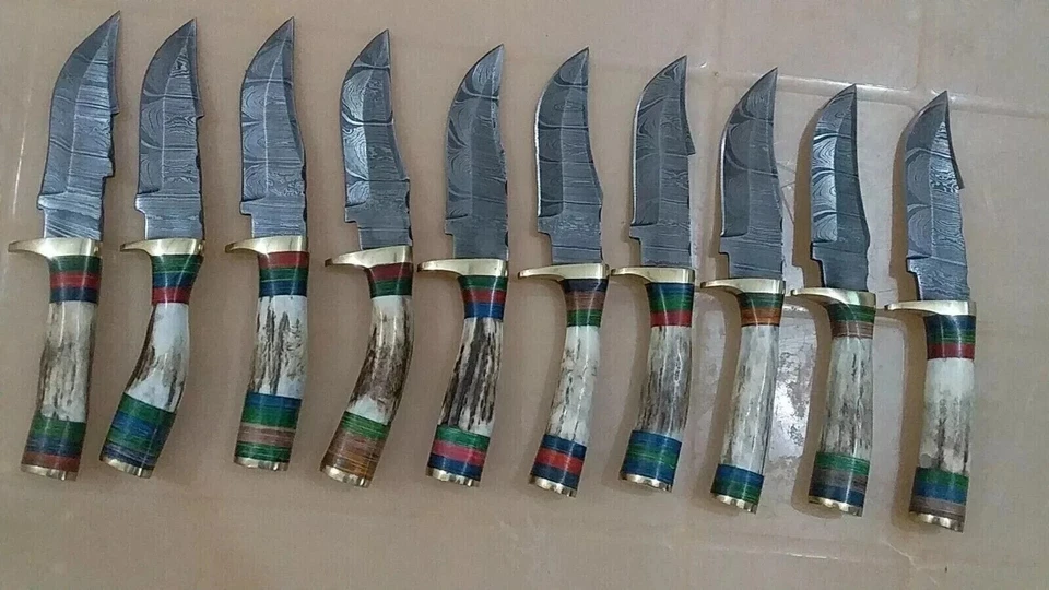 8 inches Handmade lot of 10 Damascus Steel Skinner Knives in Stag horn + Sheath - Image 3 of 4