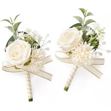 2 Pcs White Boutonniere for Men, Groom Groomsmen Best Man Guest Boutonnieres,...