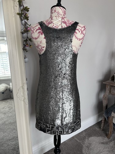 BNWT Polo Ralph Lauren Silver ArtDeco Aztec Sequin Sleeveless Mini Party Dress - Picture 9 of 13